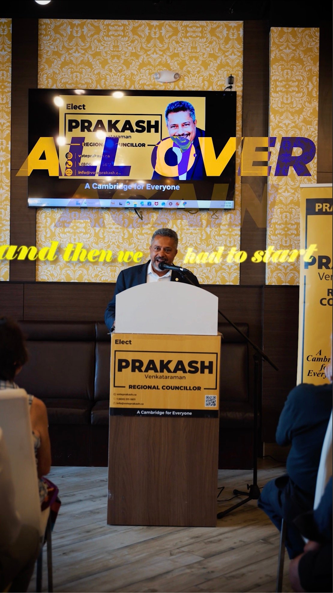 Prakash Venkataraman at the podium on campaign launch day